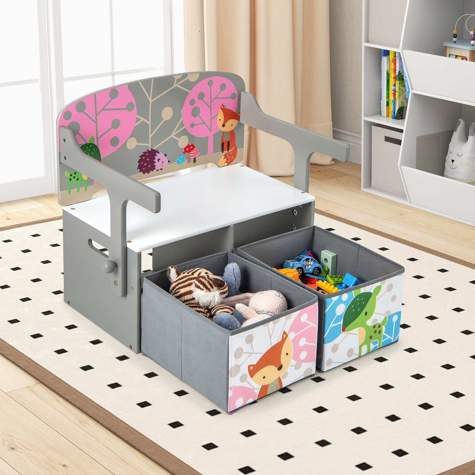 Image of 3in 1 Kids Table & Chair Set, Kids Convertible Activity Bench With 2 Removable Fabric Bins, Wooden Convertible Storage Bench For Playroom Bedroom, Conversion, Grey