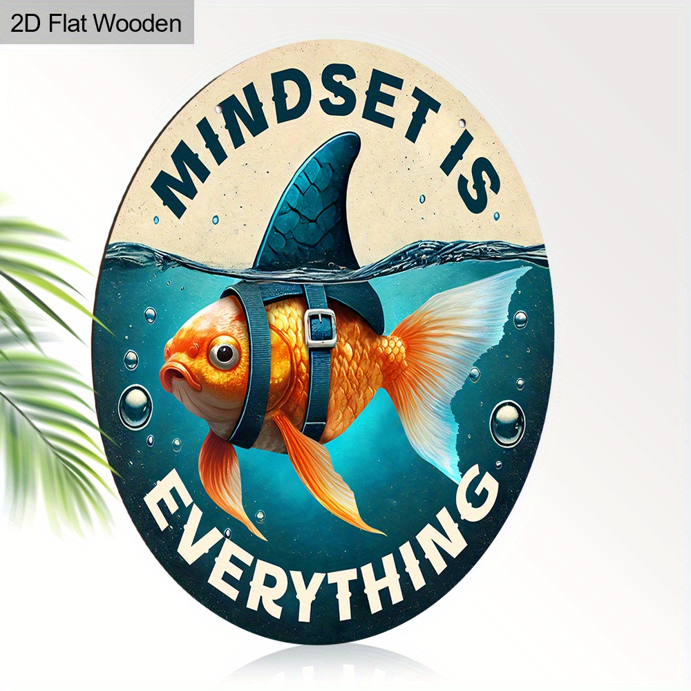 TEMU 2d Flat - 2d Flat Wooden Wall Hanging, Featuring "mindset Is Of All Things" And Circular Goldfish Design. Perfect For Decorating Living Rooms Or
