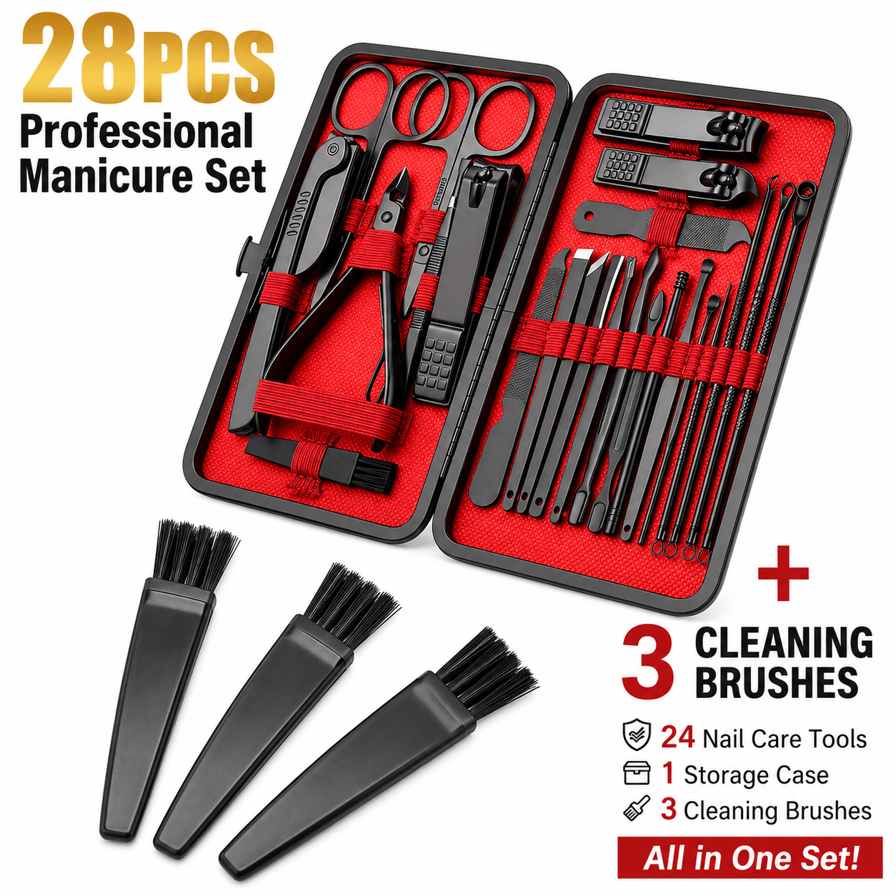 Image of 28pcs Professional Manicure And Pedicure Set With Storage Case, Stainless Steel Nail Clippers Kit With 3 Cleaning Brushes, Travel Grooming Kit For Men And Women. Ideal Gift For Birthdays And Holidays