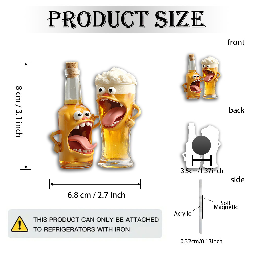 E-shop 2D Flacher Acryl- & Gummi-Magnet | Verspieltes anthropomorphes Bier-Duo - Skurrile Cartoon-Flasche & Glas mit ausdrucksstarken Gesichtern &
