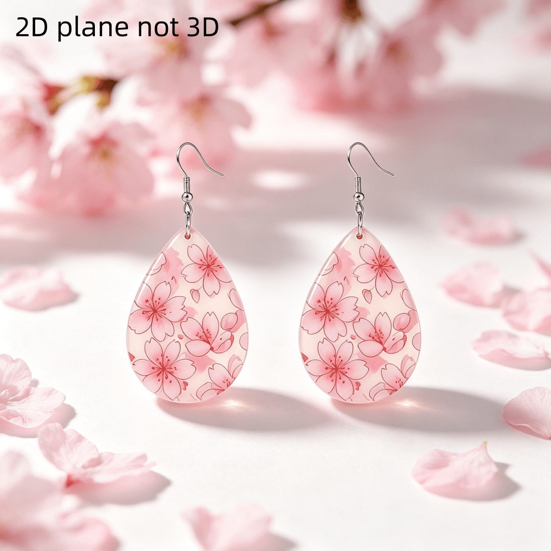 Pink Cherry Blossom Sakura Teardrop Dangle Earrings, Lightweight