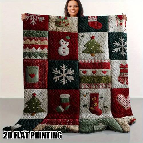 cozy christmas quilt print flannel throw blanket soft warm and festive design with trees and holiday decor sofa bed chair living room or office ideal gift next day 280gsm christmas decorations for home