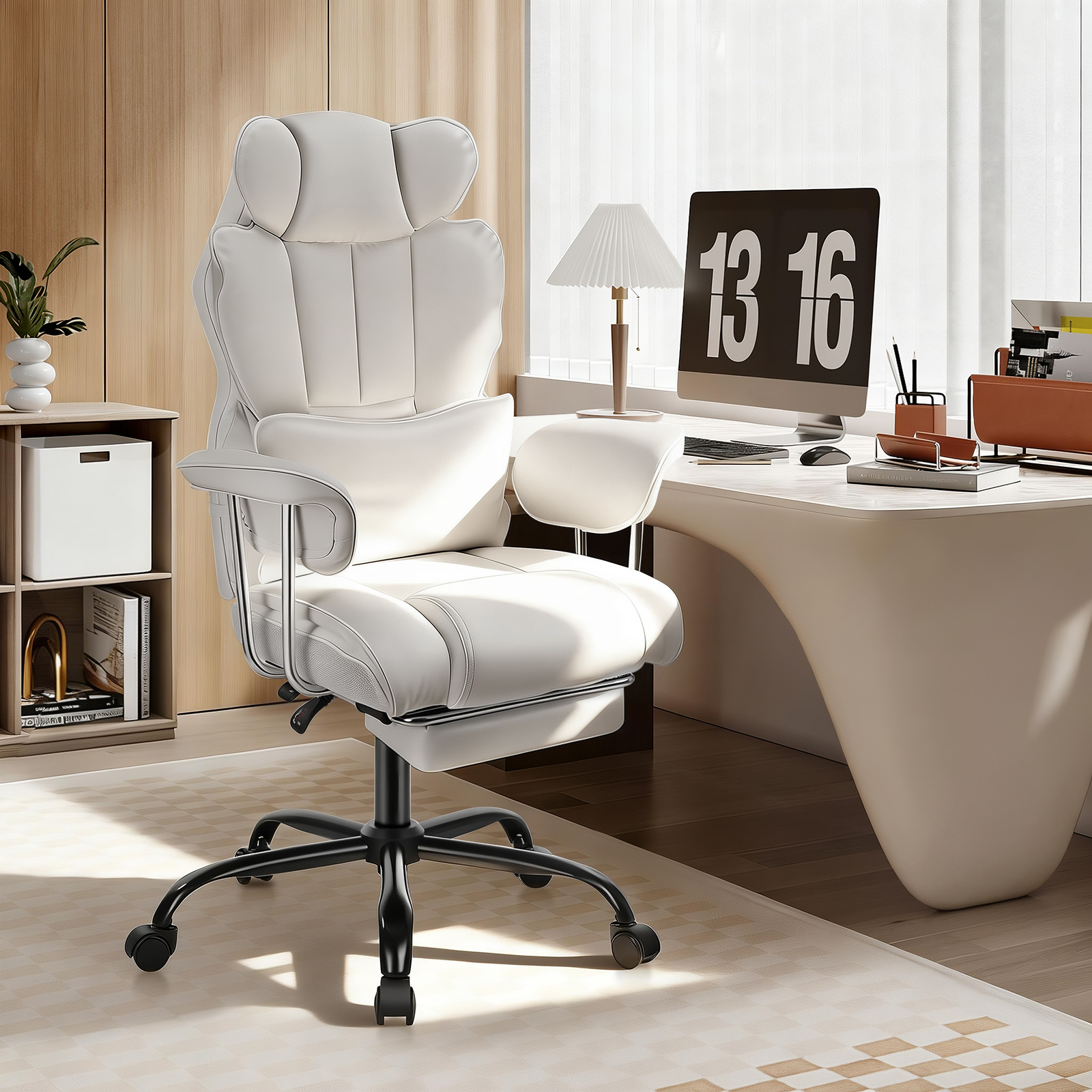 Image of High Back Ergonomic Computer Recliner, Big Tall Office Chair With Armrests/footrest, Comfy Heavy Duty Swivel Study Chairs, Adjustable Home Office Chair White/black