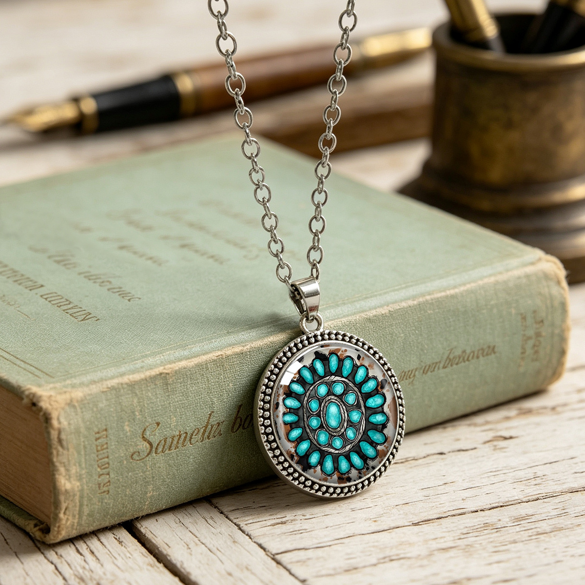 Vintage Blue-Green Floral Pattern Round Pendant Necklace