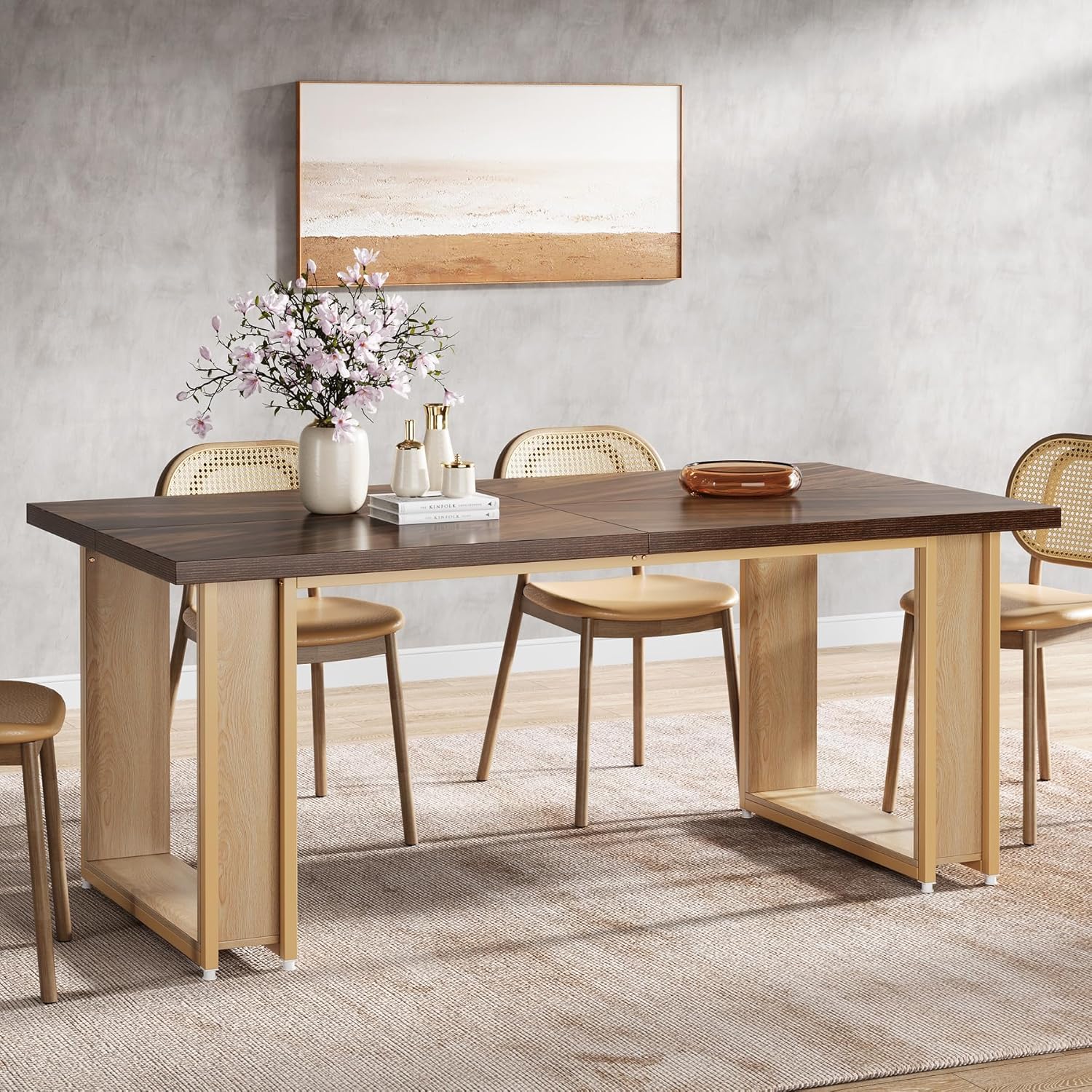63-inch Large Farmhouse Dining Table For - Rustic Wood Kitchen Table With Sturdy Metal Sled Base Frame, Heavy-duty Rectangular Dinner Table () For Dining Room, Kitchen, Living Room - Wood/metal, For
