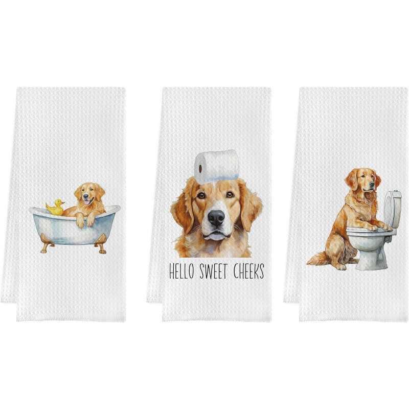 

3-pack Modern Golden Retriever Kitchen Towels, Soft Polyester Dish Cloths, Themed, Rectangular, Machine Washable, Funny For Dog Lovers