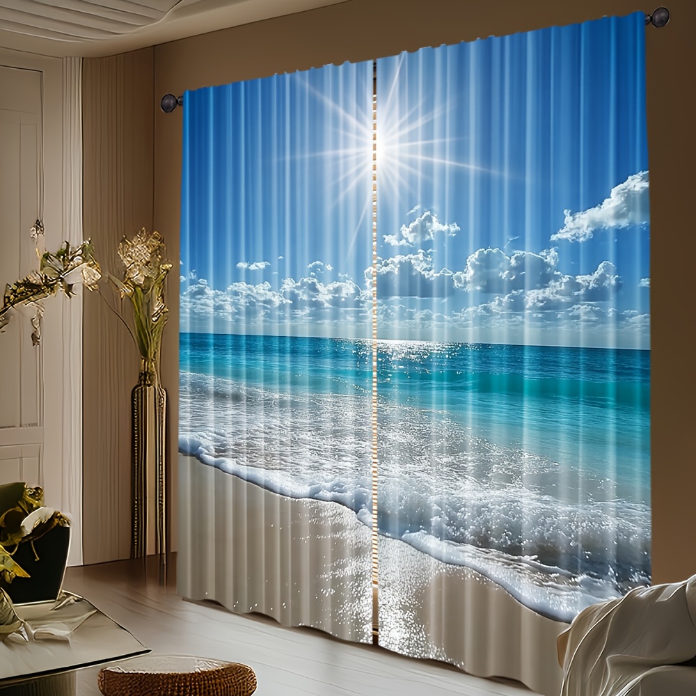 TEMU 2d Flat - 2pcs 2d Flat Print 55x150 Cm/21.65x59 Inch Tropical Beach Window Curtain Panels Coastal Ocean Waves & Turquoise Sea Semi-sheer Panels