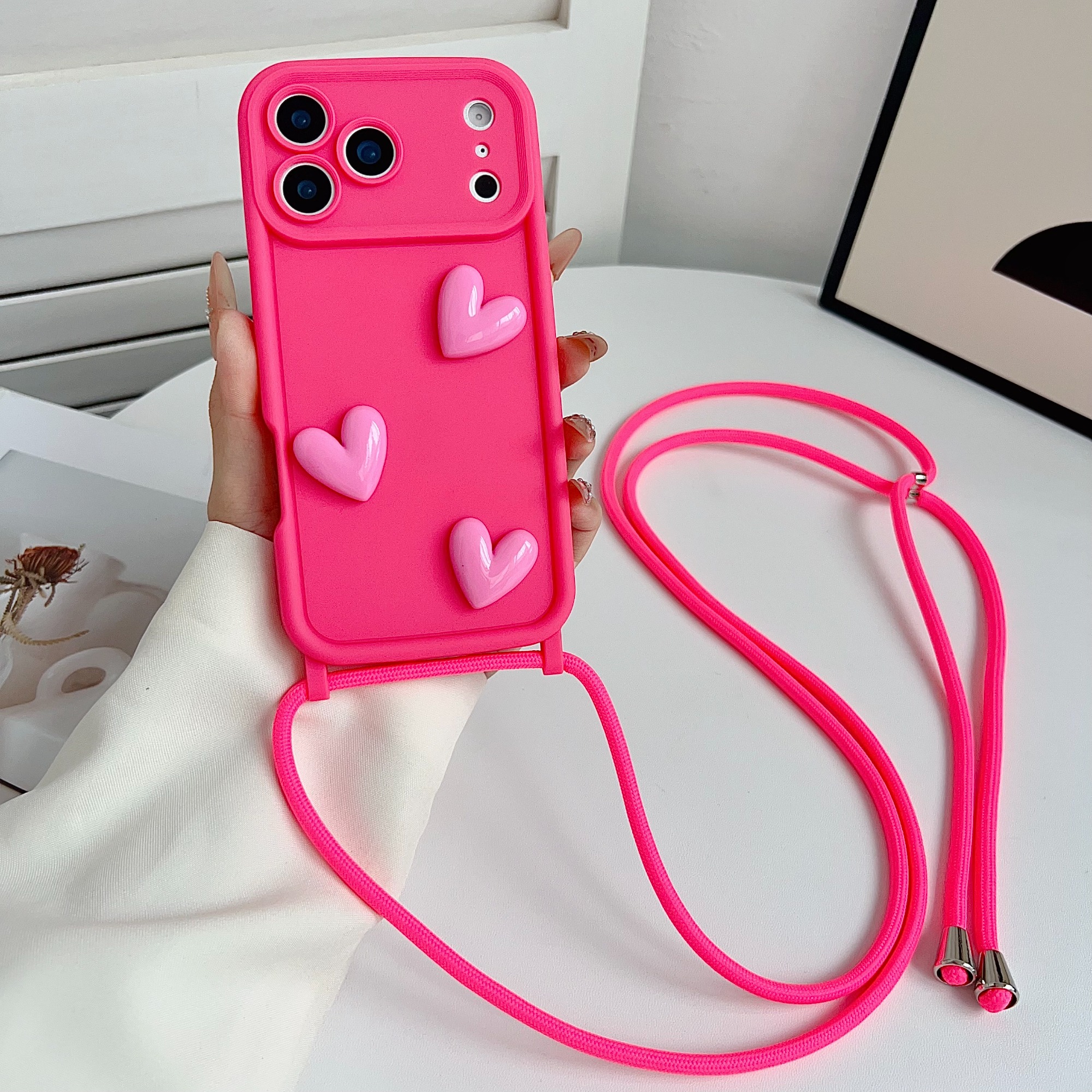 TEMU Phone Case: Fashion Minimalist Solid Color Glossy Heart Lanyard Phone Case With Detachable Adjustable Strap, Compatible With Iphone