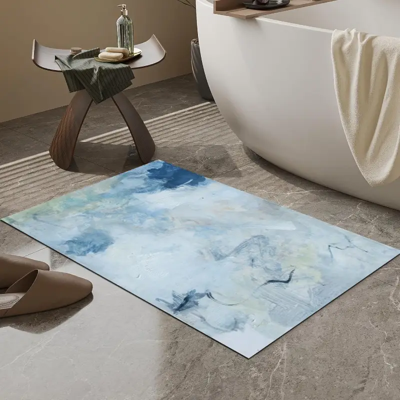 1pc abstract blue pattern non slip bath mat super absorbent easy to clean washable durable rubber backing bathroom kitchen bedroom and laundry room decor bathroom mat Product details 4