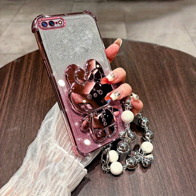 TEMU Luxury Plated Shockproof Phone Case With Thickened Corners And Glitter For Iphone 7 Plus / 8 Plus, Featuring A Cute Mirror Rabbit Stand And An