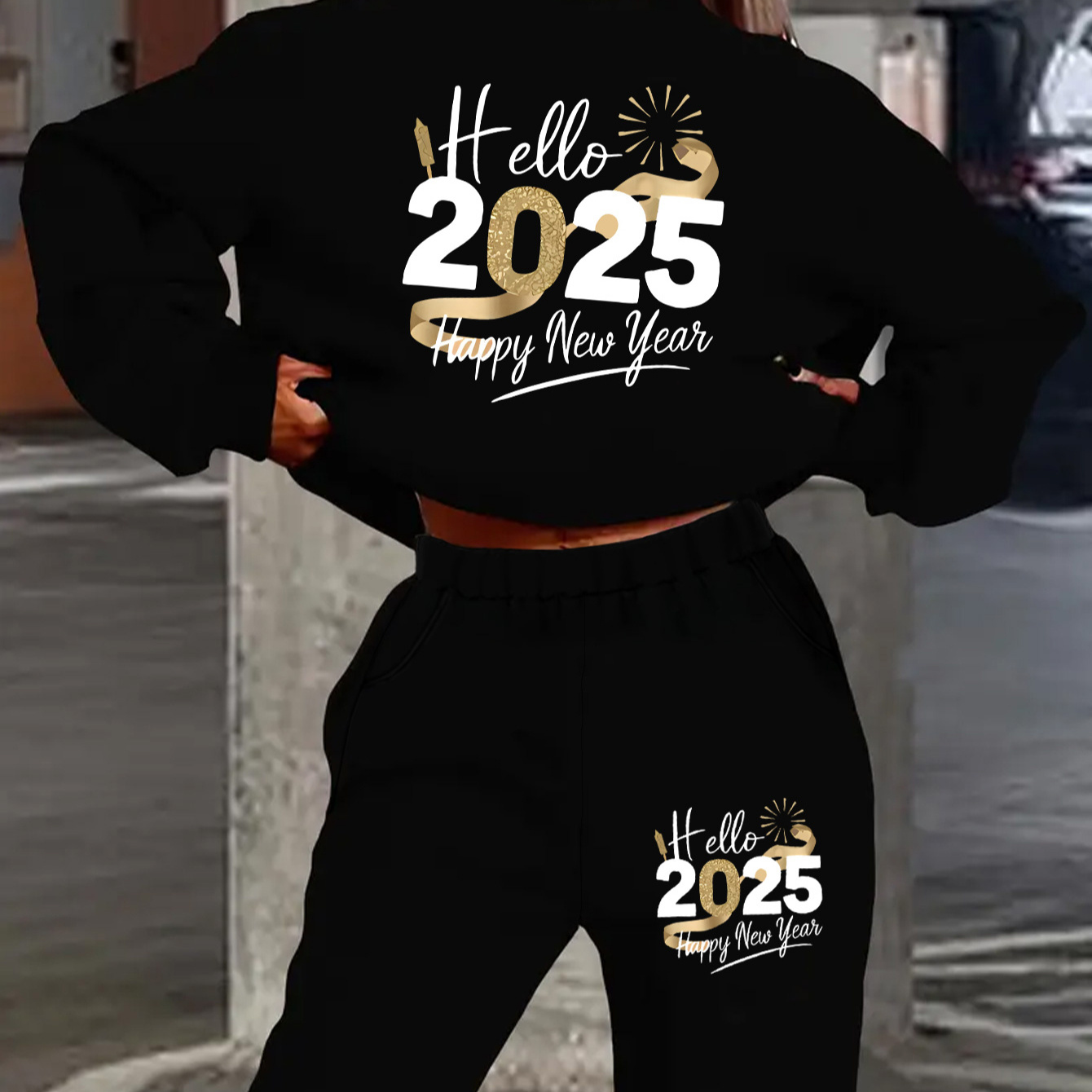 

1set Women's Plus Size 2025 Happy New Year Print Long Sleeve Sweatshirt And Sweatpants Set, Casual Knit Polyester Outfit With Round Neck