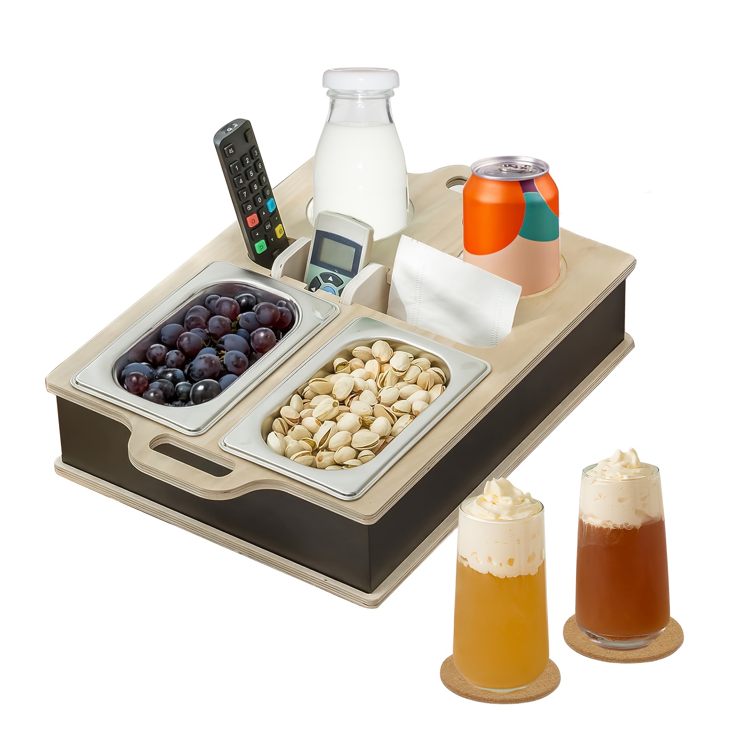 Couch Caddy With Cup Holder Wood Couch Cup Holder Tray Drinks, Snacks& Remotes Couch Tray Bed, Car& Beach Organizer, Non-food Contact