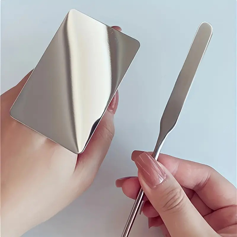 Image of 2pcs Professional Makeup Foundation Spatula Set- Stainless Steel Mixing Stick& Round Head Acrylic Palette- Ideal For Applying Foundation& Blending Cosmetics- Unscented