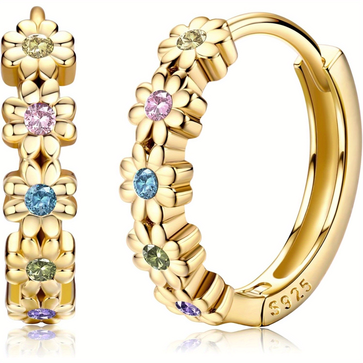 Image of 925 Silver Small Hoop Earrings For Women 14k Gold Plated Daisy Huggie Hoop Earrings Pave Rainbow Cubic Synthetic Zirconia Cute Flower Hoop Earrings Hypoallergenic Earrings