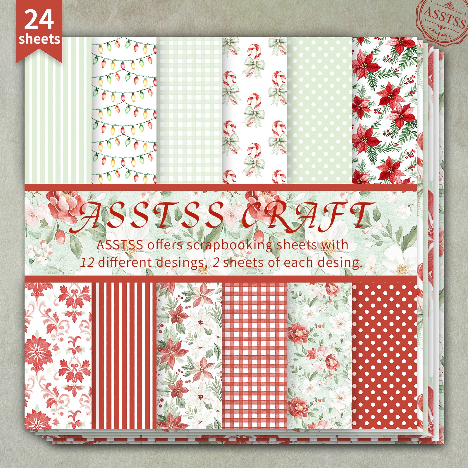 TEMU 24-sheet Asstss 6x6 Inch Scrapbooking Paper Pad, Christmas Watercolor Poinsettia Candy Cane Style Backing Paper Supplies, Heavyweight Cardstock