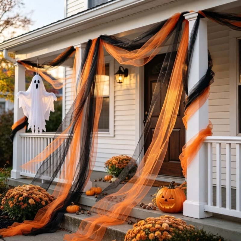 TEMU Tissu artisanal de décoration de fête 2 pièces noir et orange, convient pour les décorations d'Halloween et de fête, parfait pour les arches de