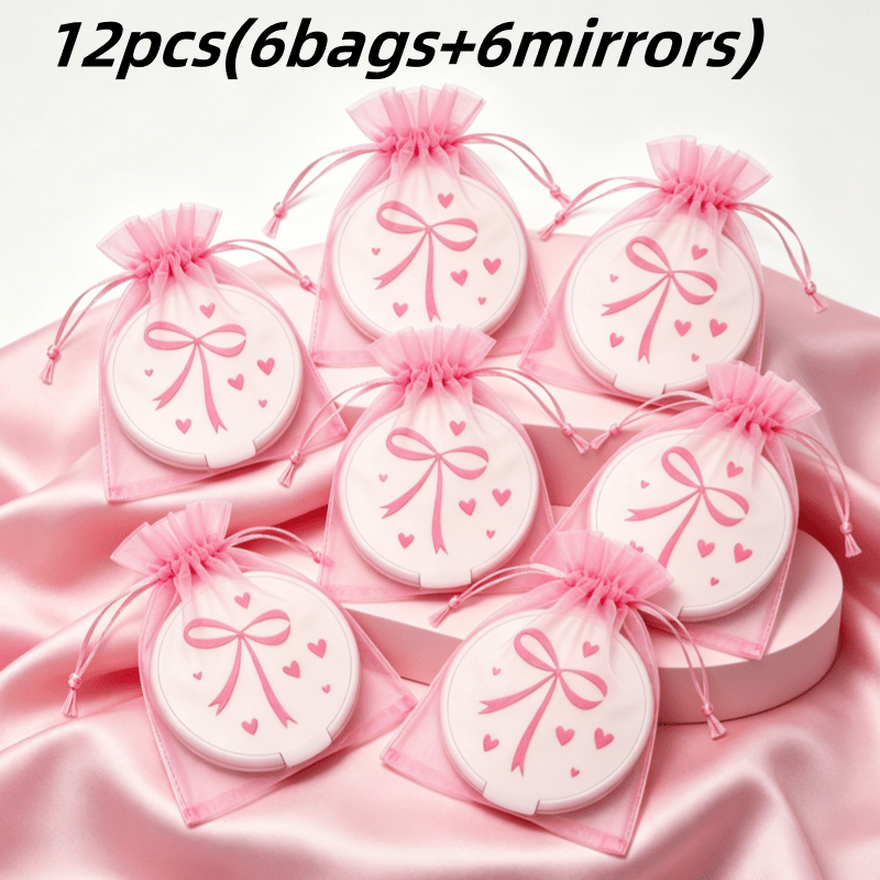 TEMU 12pcs Set, Includes 6mirrors And 6bags, Pink Bow And Hearts Mini Pocket Mirrors With Bags, Compact Round Folding Makeup Mirror, Korean Style