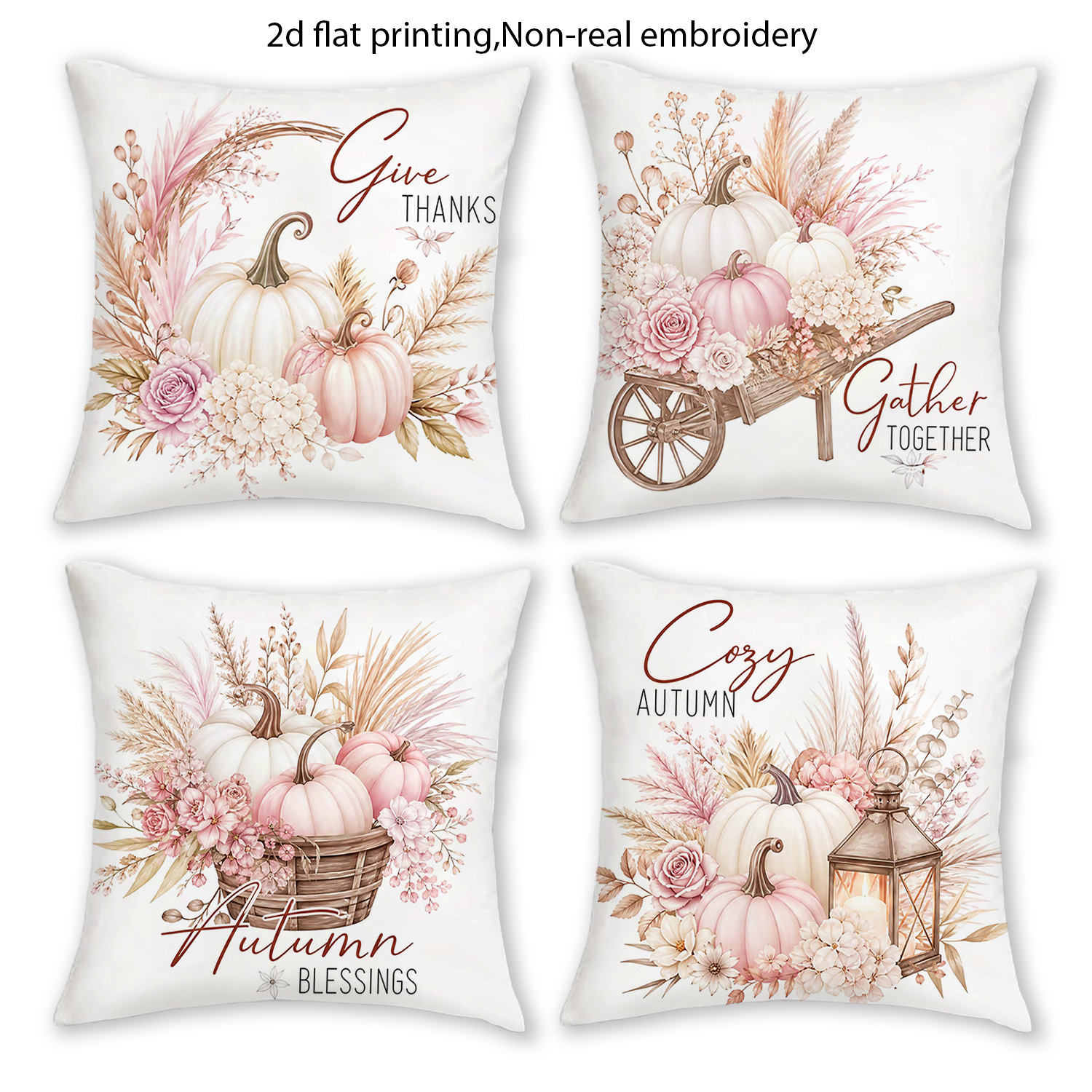 TEMU 4pcs, Autumn Gentle Pastoral Style Pillowcases, With Pink Floral Hay Rake Lantern Text Pattern Print Design, Thanksgiving Decor Pillowcases,