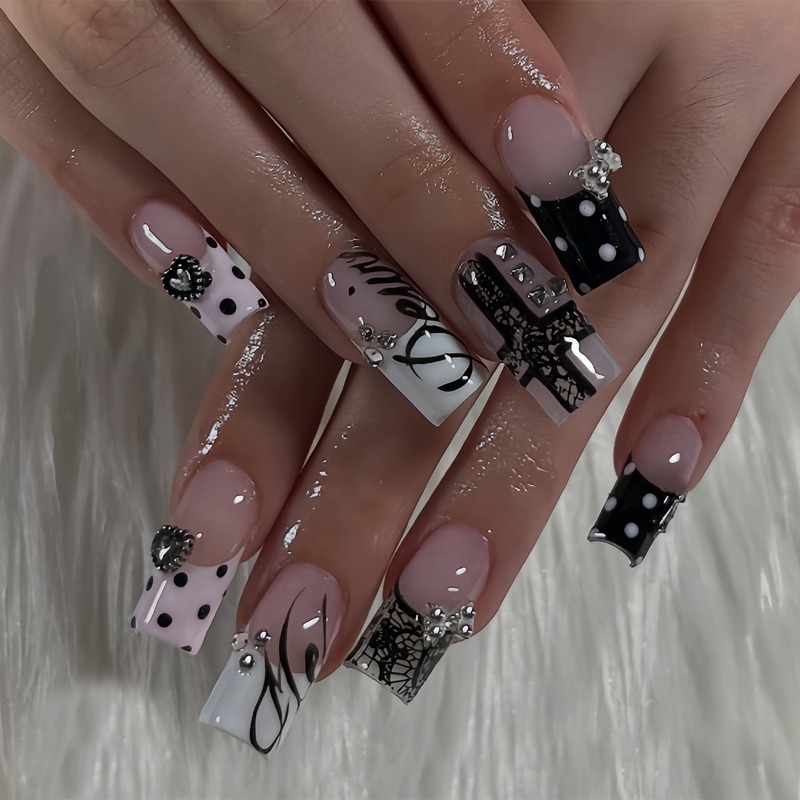 TEMU 48pcs European And Square French False Nails, Featuring Cool And Fashionable Pink And Black French Tips With Polka Dots And Handcrafted 3d
