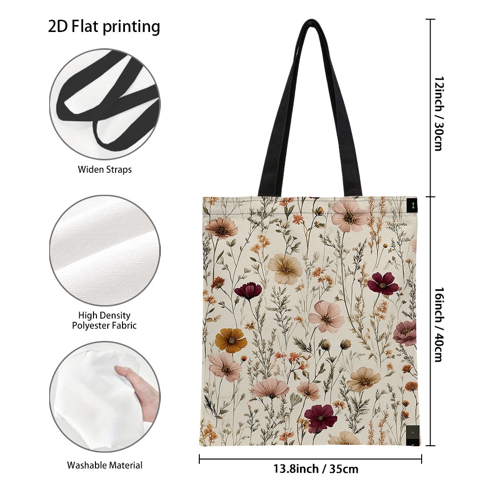 TEMU 1pc Vibrant Botanical Art Design Tote Bag - Lightweight Reusable Grocery Bags With Fixed Shoulder Straps, Spacious Handbag For Work, Shopping &