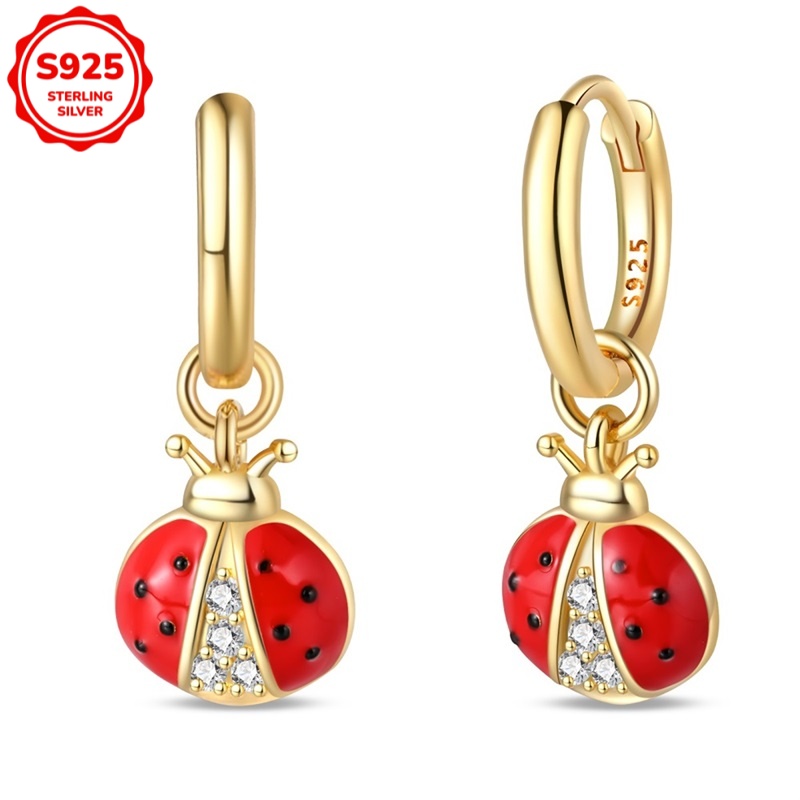 925 Sterling Silver Women's Hypoallergenic Golden Ladybug Earrings, Exquisite Earrings, Elegant Gift For Her
