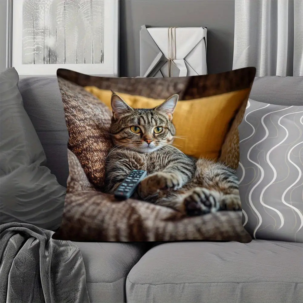 double sided 1pc modern hypoallergenic pillowcase cute fat cat and remote control pattern single sided print zipper closure machine washable suitable for comfortable bedroom and living room decoration fun pattern soft fabric print cushion   Product details 5