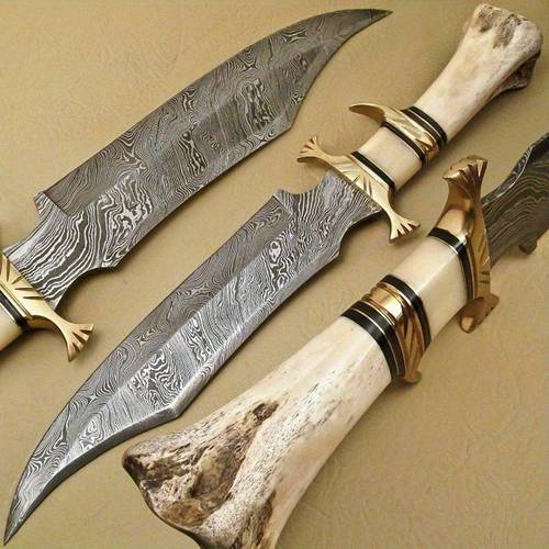 Damascus Steel Fixed Blade Hunting Knife - Total Length 15Inch Cm, 9Inch Hand- 288-350 Layer Blade, Hardness 57HRC, Camel Bone Handle And Sheath, Suitable for Outdoor Camping, Survival, Fishing, Hunting Tool, Exquisite