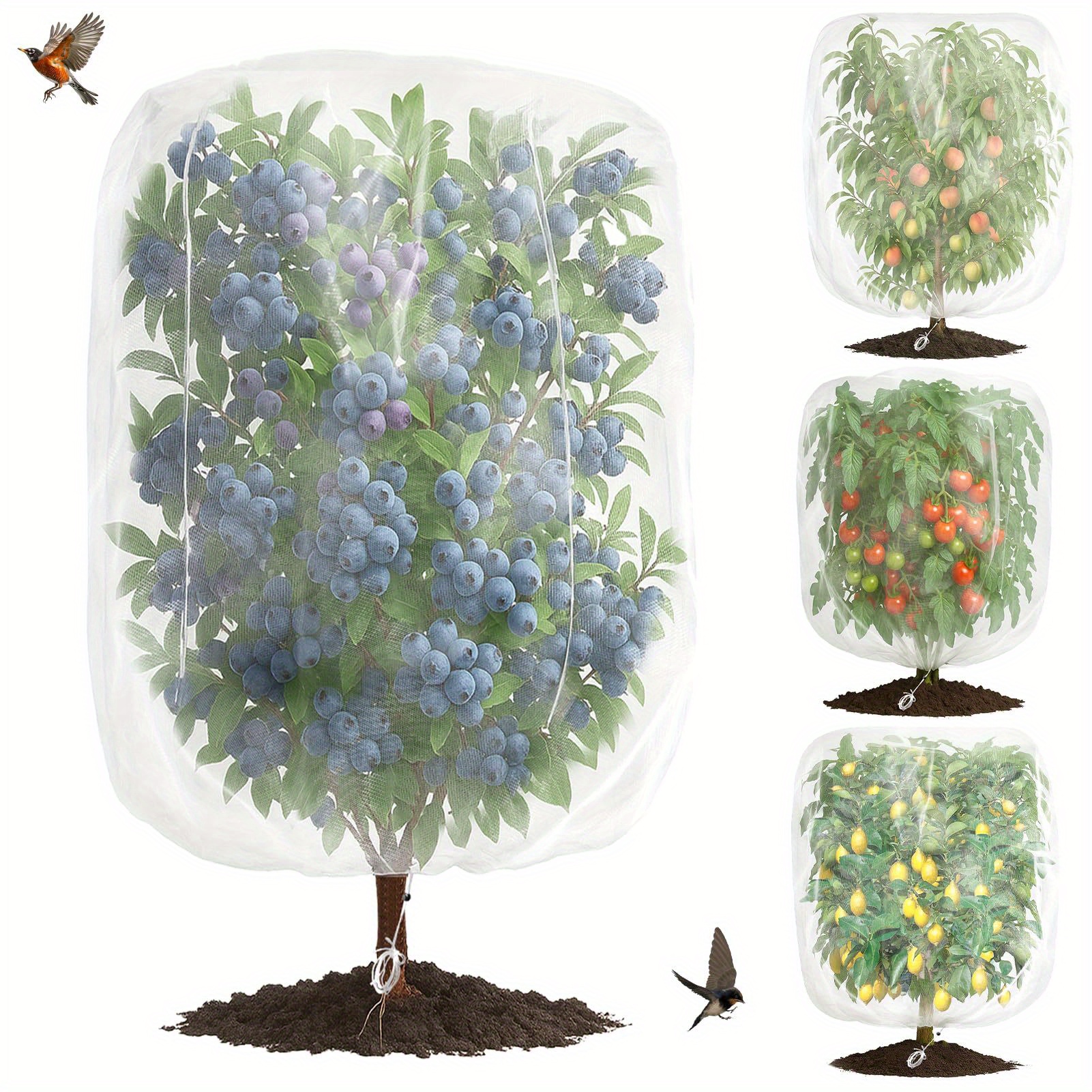 E-shop 2/4 Stk. DIY Garten-Pflanzschutznetz-Abdeckungen mit Kordelzugverschluss, Insekten- Vogelschutznetz, ideal für Blaubeersträucher, Tomaten,