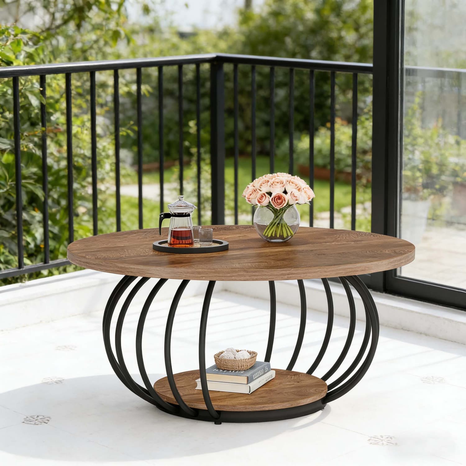 Round Coffee Table with Storage, 2 Tier Industrial Center Table with Wooden Shelf and Metal Frame, 100 X 100 X 46cm Circle Cocktail Table for Living Room, Rustic Brown and Black(1pc)