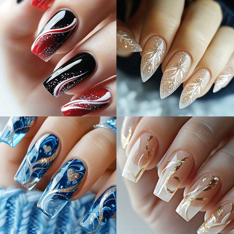 TEMU 96pcs(4 Pack) Gradient French Pointed Nail Pressing Medium Length Almond Shaped, Square Artificial Acrylic Fake Nail, Blue, Black Red, Naked Gradient With Stripe Fine Glitter Design