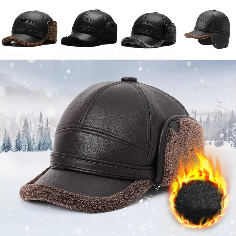 

Men's Warm Pu Leather Baseball Cap With Ear Flaps, Winter Hat, Black - Fits Most