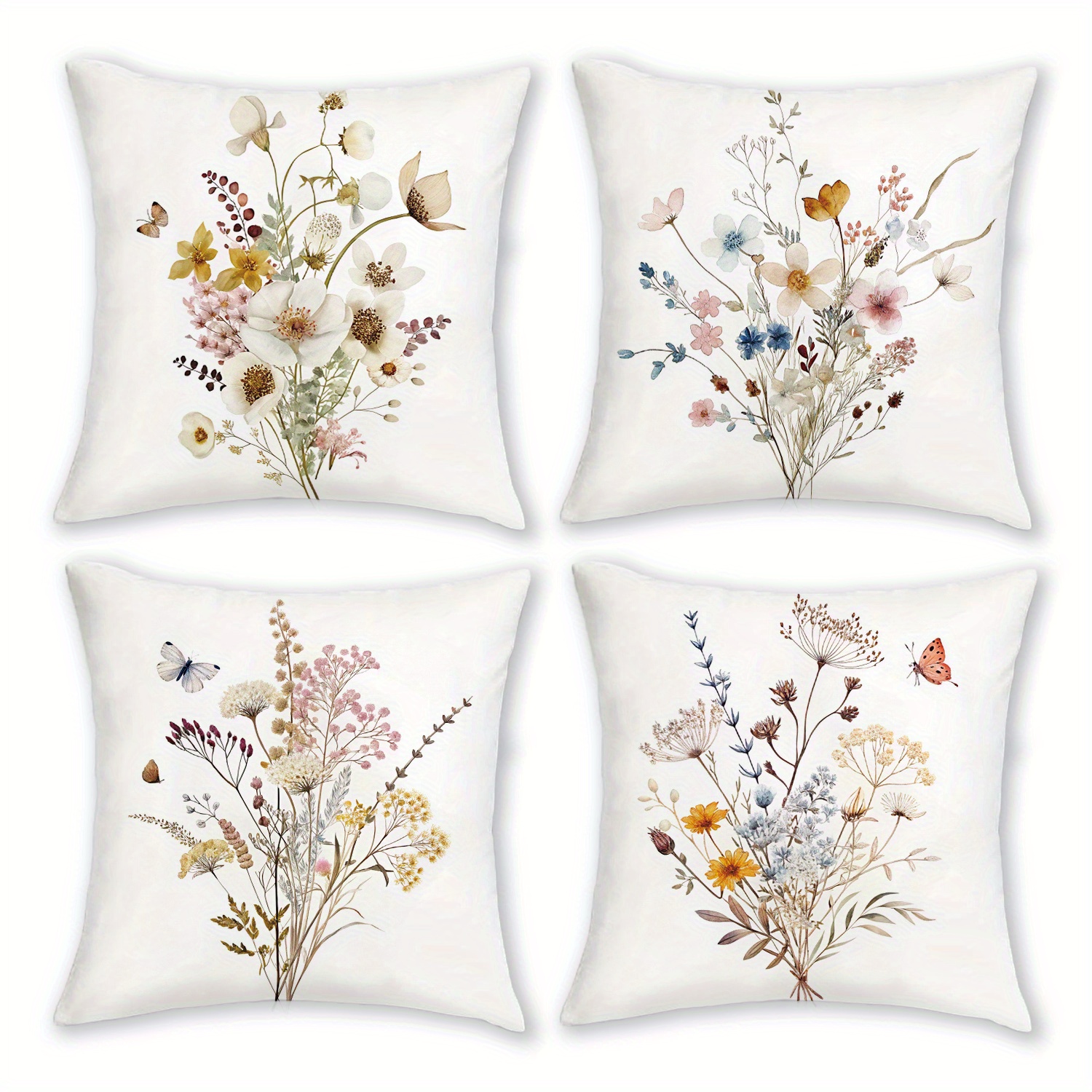 TEMU 4pcs Boho Botanical Throw Pillow Covers 18x18 Inch - Soft Plush Bohemian Farmhouse Covers With Watercolor & Print, Zipper Closure, Machine