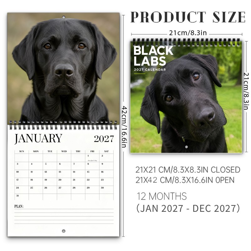 TEMU Calendrier mural 2027 Labrador Noir 12 mois à spirale avec adorables chiots de Labrador Noir en extérieur, blocs d'écriture spacieux, papier