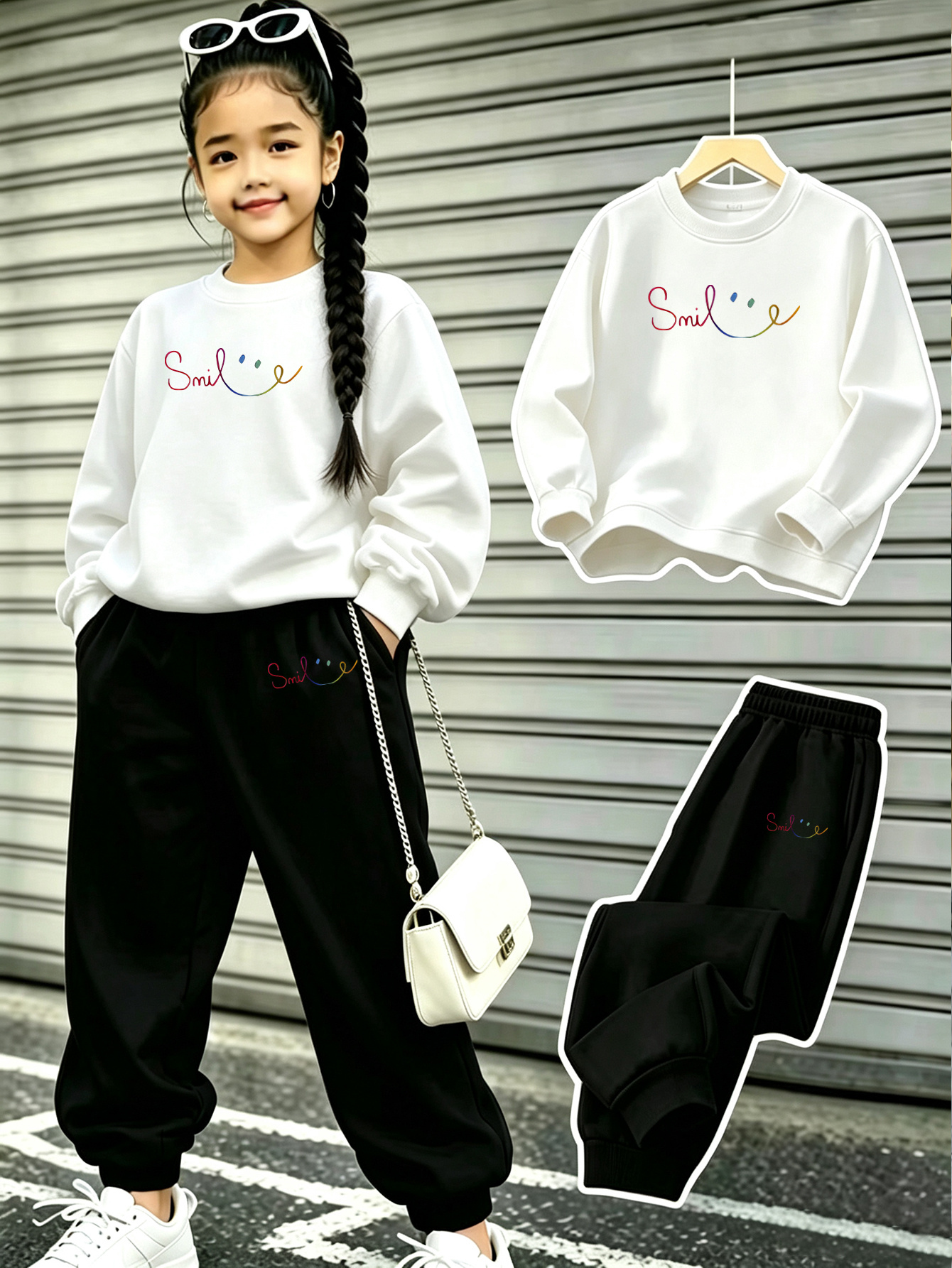 2pcs girls autumn   neck sweatshirt jogger pants set featuring a unique trendy letter graphic design comfortable knitted soft fabric casual   fashionable girls outfit suitable for outdoor daily casual wear