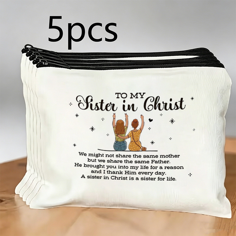 TEMU 5pcs Christian Sister Gift Suitable For Christening, Study & Church Events - To My Sister In Scripture Print Makeup Bag Set With Silhouette