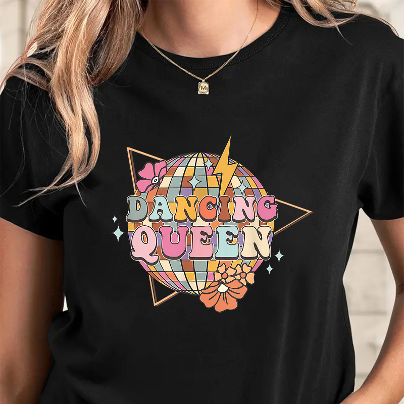 

1pc Women's "dancing Queen" Graphic Tee, Casual Crew Neck Short Sleeve T-shirt, Polyester Knit Fabric, Medium Stretch, Regular Length, Fashion Top