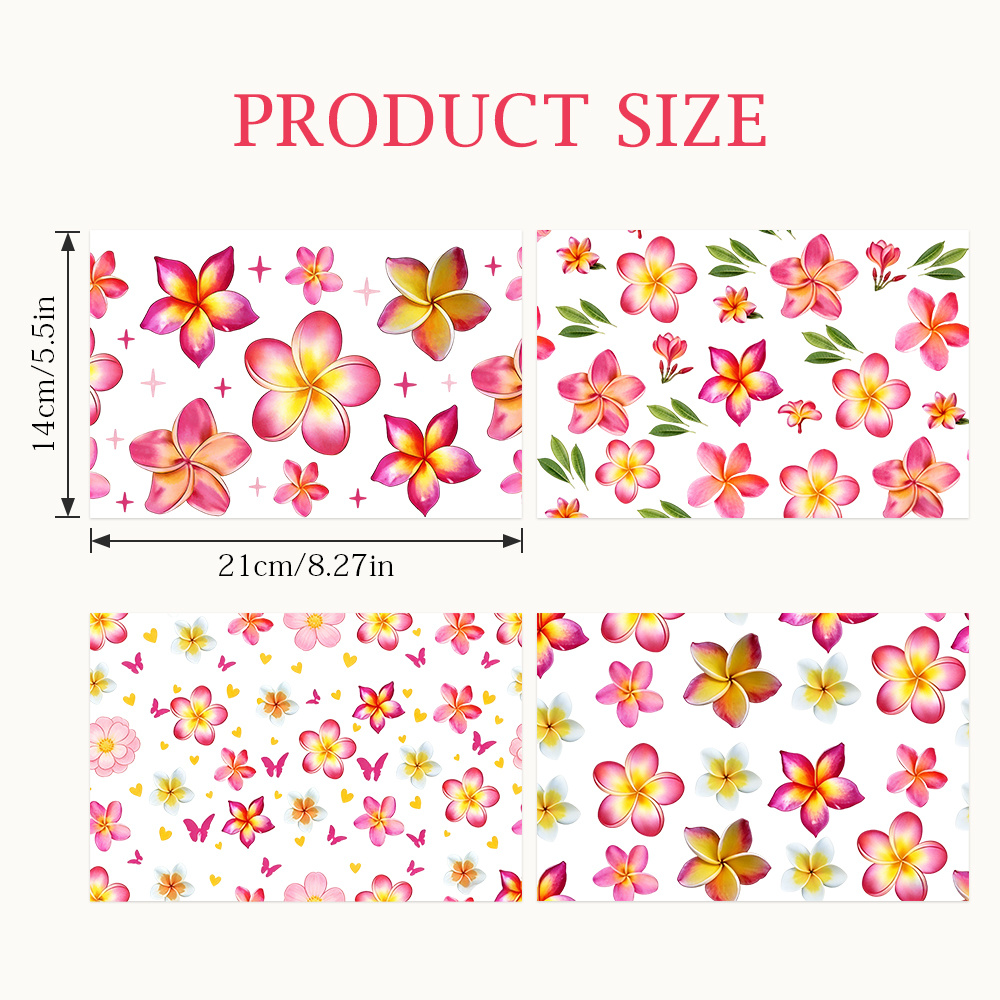 TEMU 4pcs Uv Dtf Transfer Stickers Set, Plumeria Floral Theme - Presenting Stylish Plumeria, Leaf & Decorated With Pattern Details In Tones, Designed