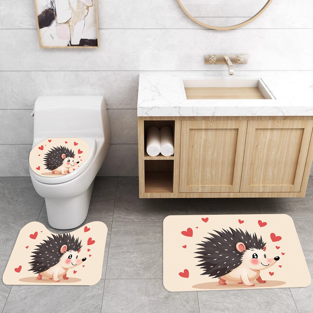 TEMU Ensemble de 3 tapis de salle de bain imprimés à motif de hérisson de cœur, tapis décoratifs de style et , inclut un couvercle d'abattant de
