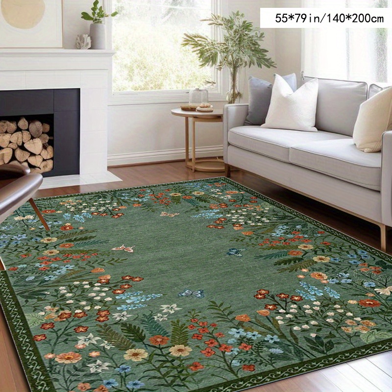 TEMU 1pièce Tapis de zone en peluche douce à motif floral avec dos antidérapant à points – Vert vif avec fleurs colorées et feuilles – Lavable en