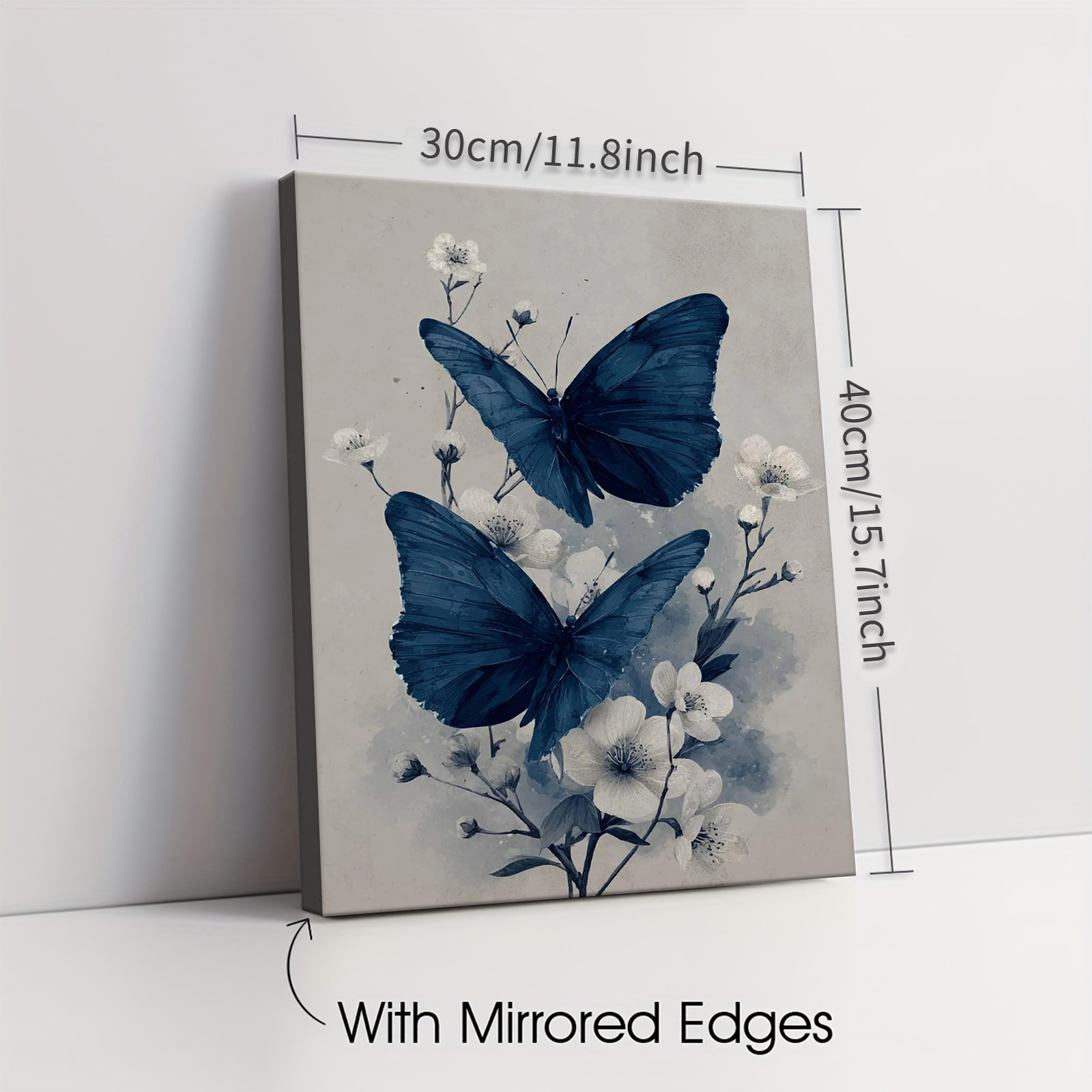 TEMU 2d Flat, 2d Flat, A Framed Artwork Featuring An Elegant Blue With Floral And Insect In A Modern Minimalist Style. This High-definition Canvas