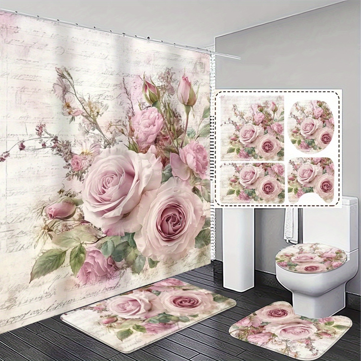 TEMU Ensemble de salle de bain floral 2D plat, 4 pièces : Rideau de douche 2D PLAT, Tapis absorbants antidérapants, Housse d'abattant de toilette -
