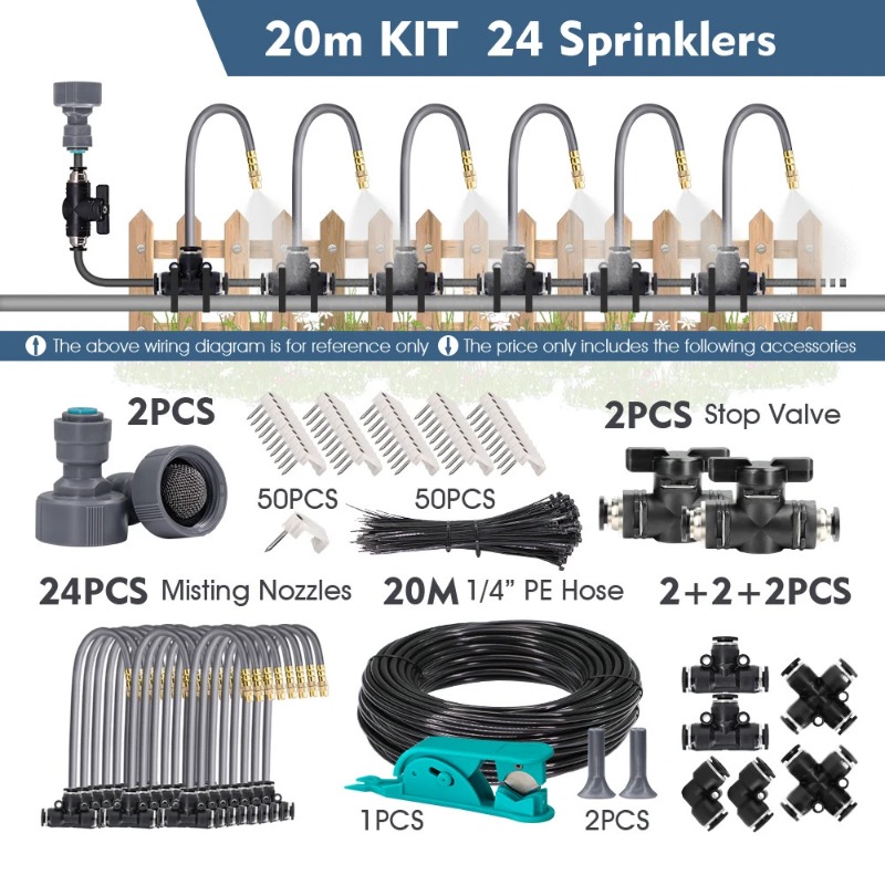 20m 1/4' 4/6mm Misting Cooling System 360°free-bend Atomization Sprayer Garden