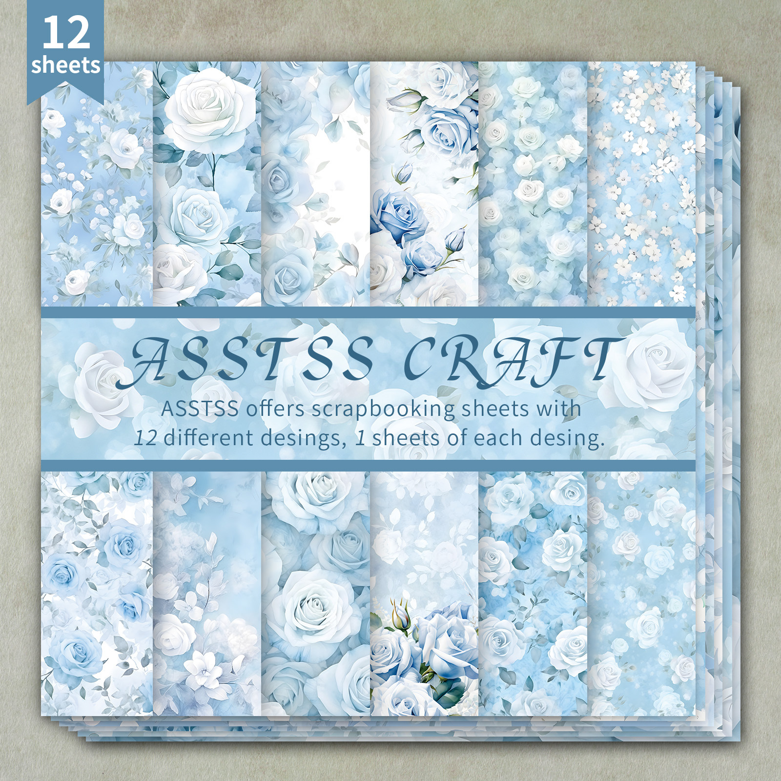 TEMU 12-sheet Asstss Scrapbooking Paper Pad, Featuring A Watercolor Blue , Ideal For Various Crafts Such As Journaling, Collage Art, Greeting Cards,
