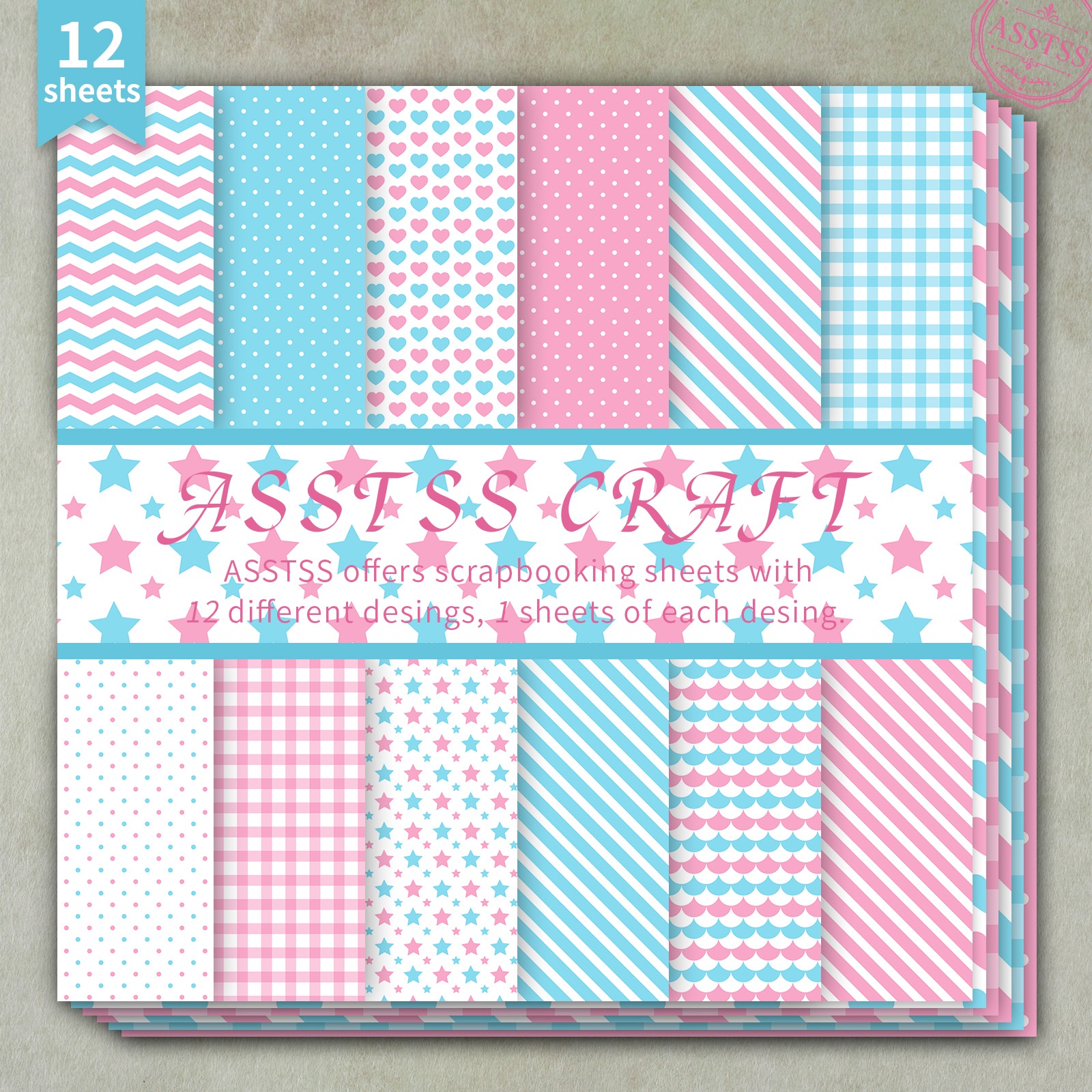TEMU 12-sheet Asstss 6x6 Inch Scrapbooking Paper Pad, Pink And Blue Geometric Macaron Star Heart Polka Dot Style Backing Paper Supplies, Heavyweight