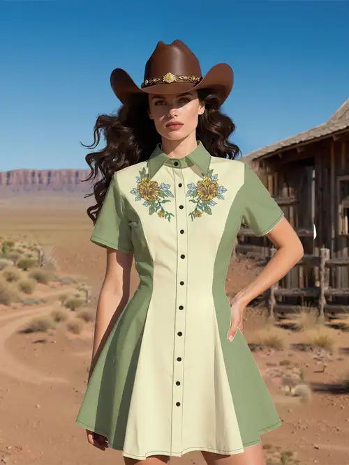 women's vintage western shirt dress - olive button-front, waist-cinched fit with collar, cowboy outfit for western events, themed parties & everyday western style - non-see-through fabric, cowboy dress, casual wear, , durable women's vintage western shirt dress - olive button-front, waist-cinched fit with collar, cowboy outfit for western events, themed parties & everyday western style - non-see-through fabric, cowboy dress, casual wear, , durable