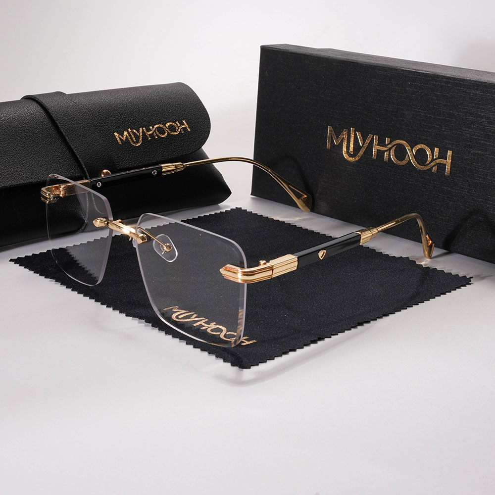 TEMU Mlyhooh Brand High-end New Metal Rimless Flat-lens Glasses With -cut Edges, With An Exquisite Eyeglass Case. Unisex Frames Suitable For Men And