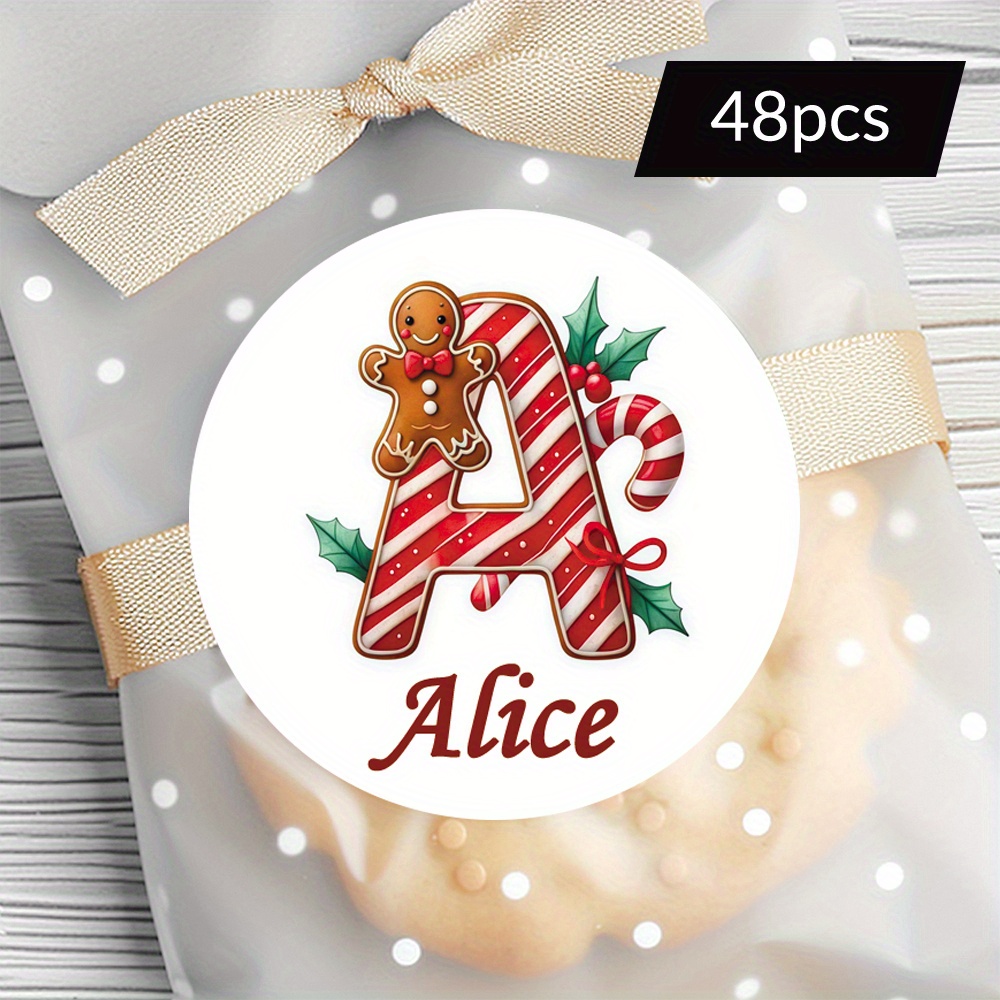 TEMU Custom 48/96pcs Christmas Round Stickers, Personalizable With Names, Etc. Featuring A Gingerbread Man And Candy Cane "a" Design, For Cookie
