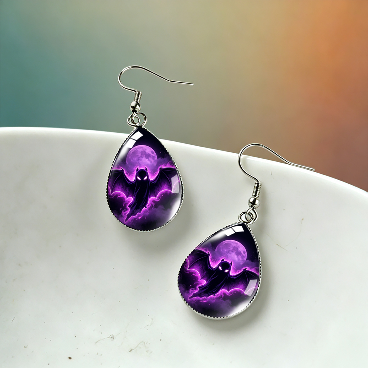 Purple Cloud Mist Black Bat Ghost Pattern Water Drop Earrings