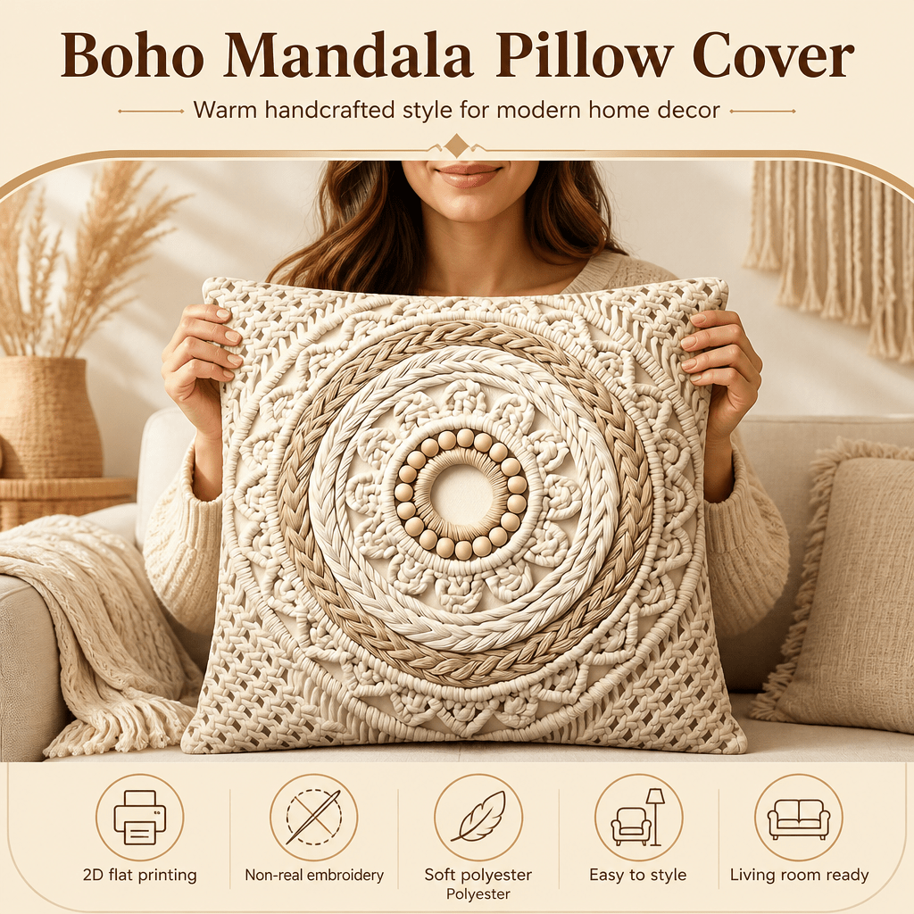TEMU 1pc, 2d Flat Printing, Embroidery, Macramé Circular Decoration, Patterned Short Plush Throw Pillow Cover, 18×18 Inches, For Sofa Cushions, Room