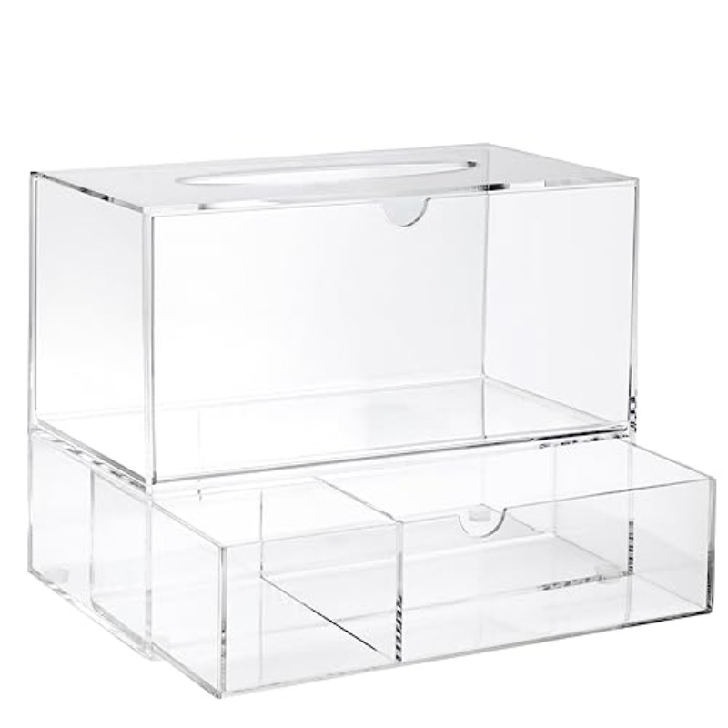 1  tissue box holder with 3-drawer organizer - heavy-duty modern rectangular dispenser with pull-out drawers, space-saving bathroom/vanity cabinet storage, fits standard tissues & caddy systems, 9.3” wide, 3-compartment drawer, dust-resistant & hygienic design, minimalist white frame & clear panels, multi-functional organizer for tissues, swabs, balls (1 unit), decorative tissue box holder, tissue holder bathroom, tissue box with storage, tissue box holder for car, Product details 5